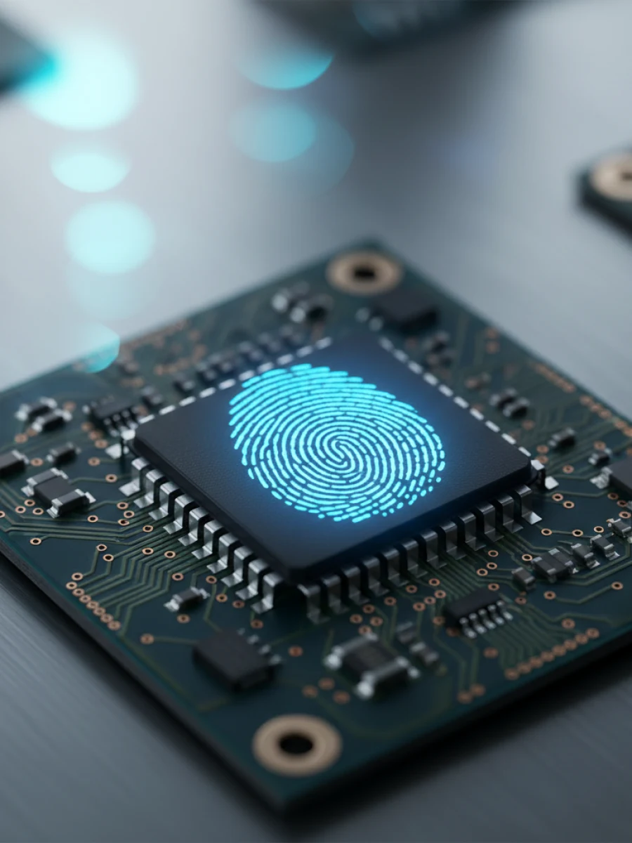 Un primer plano de un microchip de elemento seguro con una huella digital luminosa superpuesta, simbolizando la autenticación biométrica a nivel de hardware.