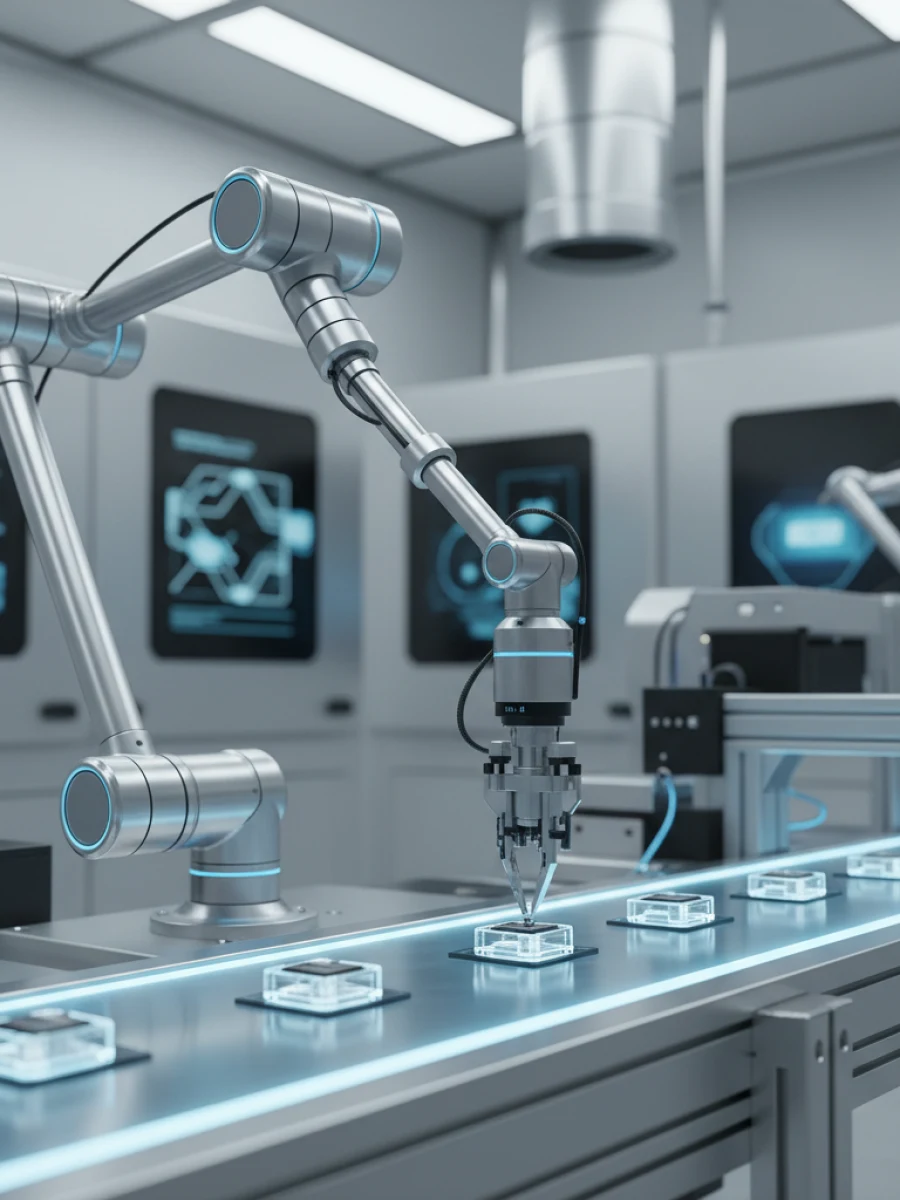 A pristine high-tech manufacturing facility with robotic arms assembling RFID components, symbolizing SES's precision engineering.