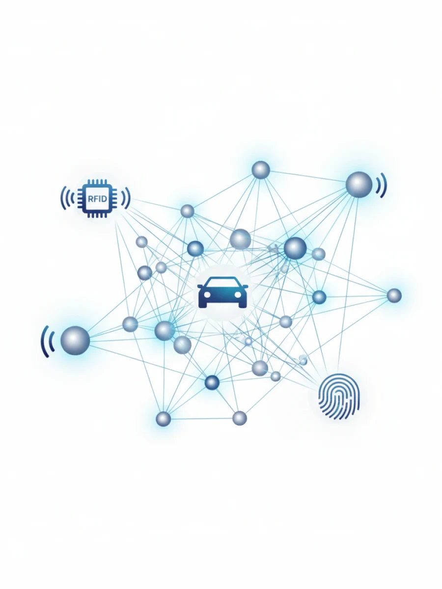 An abstract visualization of interconnected patents and RFID technology, representing SES's intellectual property.